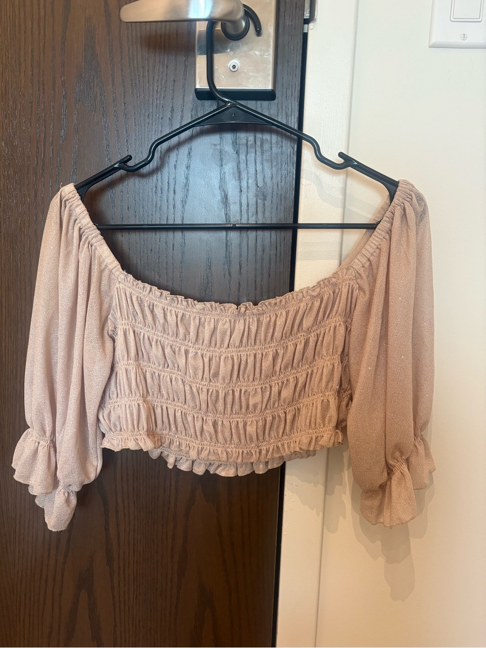 Tan Sparkly Off-Shoulder Crop Top